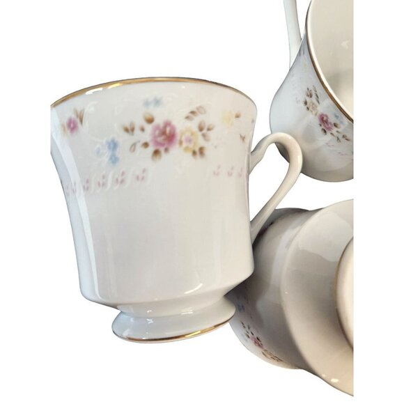 Silverie Fine China Footed Teacup Gold Trim Pink Floral Pattern Set of 3 - Picture 2 of 10